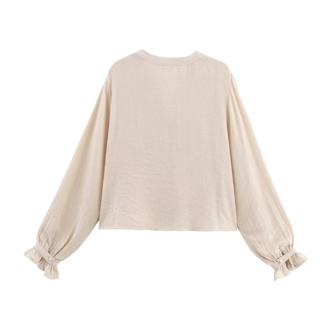Blusa Casual para Mujer Bordado Calado Cuello en V Manga Larga Elegante Mezcla de Algodón Verano Blanco Arena Camisa Top