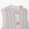 Dames Retro Opengewerkt Gebreid Vest Casual Mouwloos Sweater Top Met Gouden Gehamerde Knopen En Zijstrikken Lichtgrijs