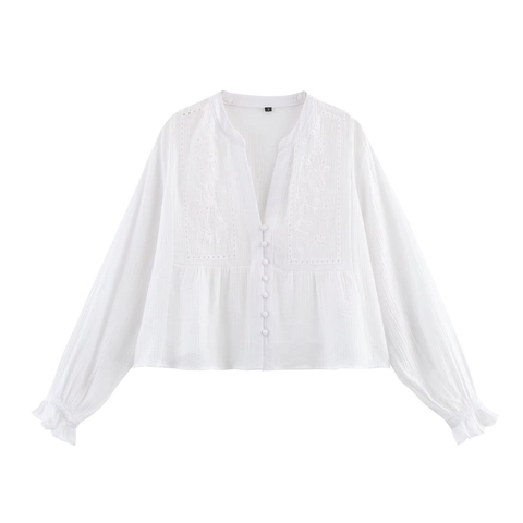 Blusa para Mujer con Cuello en V Manga Larga Bordado Calado Vintage Floral Mezcla de Algodón Camisa con Botones Top Bohemio
