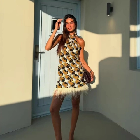 Women Halter Mini Dress Geometric Circle Print Faux Feather Trim Sleeveless Loose A-Line Satin Dress For Party Vacation