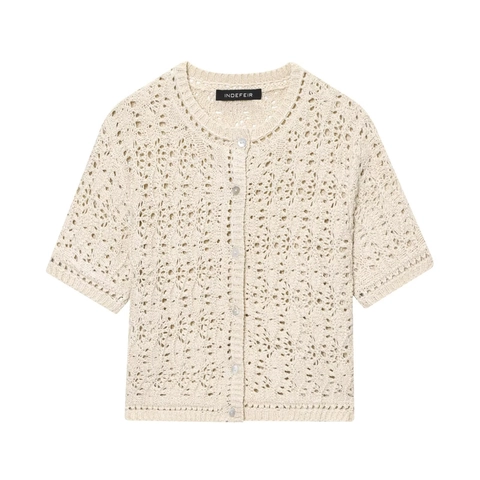 Damen Casual Ausschnitt Häkelstrick Cardigan Rundhals Kurzarm Knopffront Cremeweiß Französischer Vintage Pullover Top