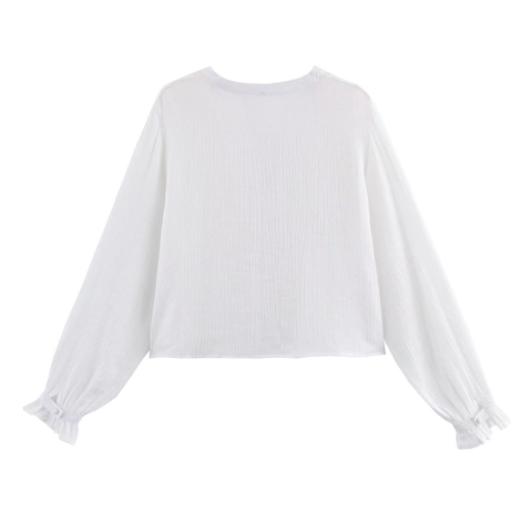 Blusa para Mujer con Cuello en V Manga Larga Bordado Calado Vintage Floral Mezcla de Algodón Camisa con Botones Top Bohemio