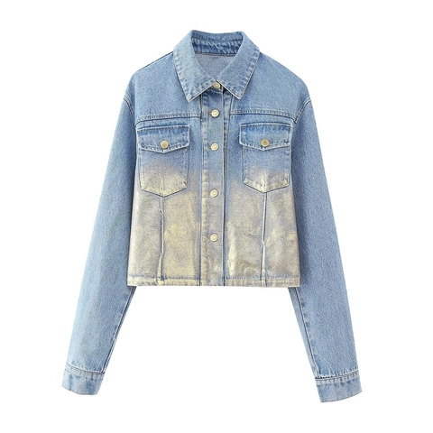 Women's Casual Polyester Gradient Denim Jacket Metallic Gold Spray Paint Vintage Short Cropped Long Sleeve Coat Top