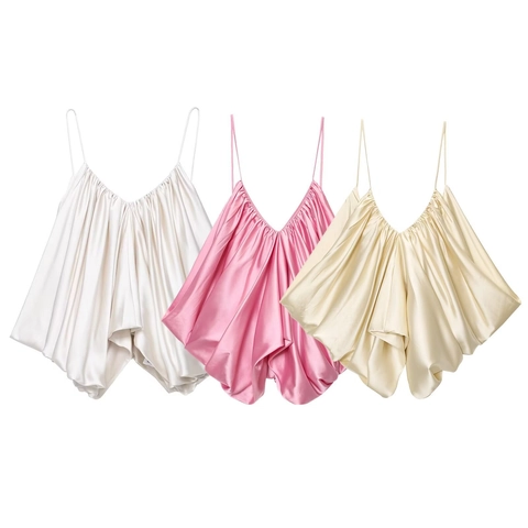 Women's Elegant Satin Pleated Spaghetti Strap Tank Top V Neck Backless Bubble Hem Loose Camisole Summer Fashion Solid Color Top