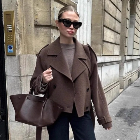Damen Kurz Wollmantel Elegant Zweireihig Gürtel Jacke Oversize Revers Herbst Winter Mode Oberbekleidung Braun