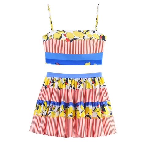Damen Zitronendruck Crop Top Und Gestreifter Patchwork Rock Zweiteiler Set Sommer Lässig Ärmellos Strand Party Outfits