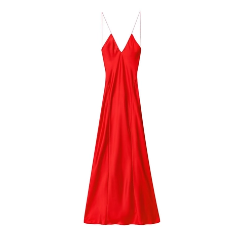 Abito Sottoveste in Satin Rosso da Donna Sexy Scollo a V con Spalline Sottili Schiena Scoperta Abito Elegante da Sera