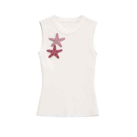 Top a Canotta in Maglia a Costine Bianco Donna Gilet Senza Maniche Con Ricamo Stella Marina Paillettes Rosa Streetwear