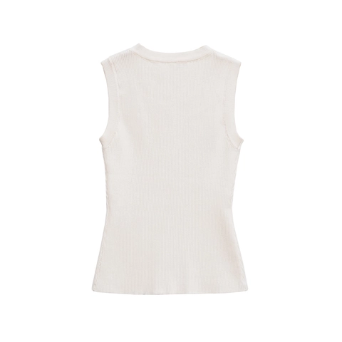 Top a Canotta in Maglia a Costine Bianco Donna Gilet Senza Maniche Con Ricamo Stella Marina Paillettes Rosa Streetwear