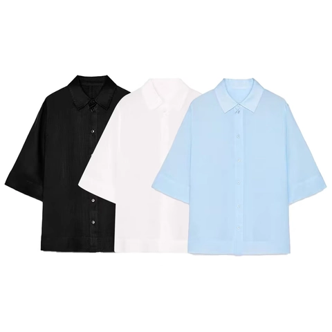 Damen Minimalistische Lyocell Hemdbluse Kurzarm Locker Einfarbig Button Up Top Sommer Casual Bürokleidung Komfort Bekleidung