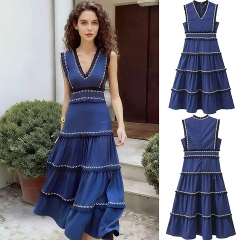 Damen Böhmisch Ärmellos V-Ausschnitt Gestuftes Maxikleid Marineblau Quaste Geometrische Stickerei Sommer Urlaub Langes Kleid