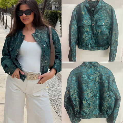 Giacca Imbottita con Paillettes Metalliche da Donna Verde Lucido Retro Strutturato Collo Alto Tasche Cappotto Puffer