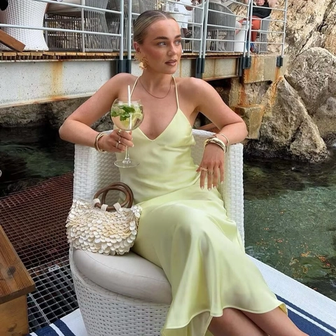 Vestido Largo Elegante de Satén para Mujer Cuello en V Tirantes Finos Espalda Cruzada Sin Mangas Color Sólido Fiesta Vacaciones