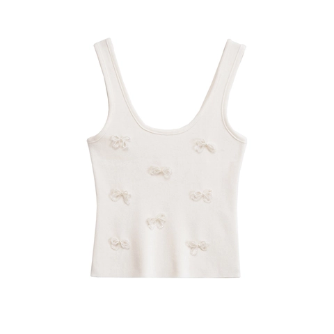 Women French Style Ribbed Knit Tank Top With Artificial Pearl Bow Decorations U-Neck Wide Strap Sleeveless Slim Fit Summer Cami Vest