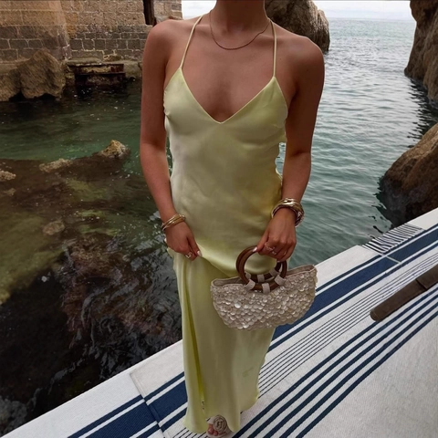 Damen Elegant Satin V-Ausschnitt Spaghetti-Träger Maxikleid Überkreuzter Rücken Ärmellos Einfarbig Party Urlaub Langes Kleid
