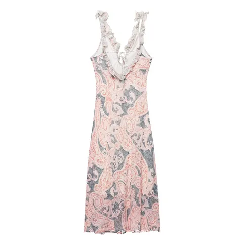 Women Bohemian Paisley Print Maxi Dress Ruffle V-Neck Tie Back Sleeveless Holiday Long Dresses Elegant Summer Beachwear