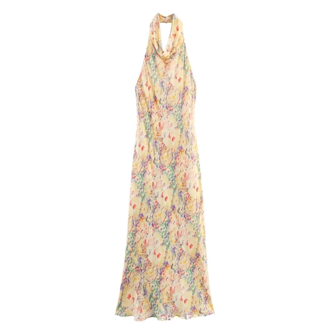 Damen Elegantes Maxikleid Mit Blumendruck Halterneck Rückenfrei Ärmellos Chiffon-Textur A-Linie Langes Kleid Für Den Sommerurlaub