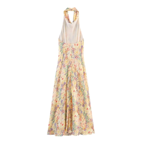 Damen Elegantes Maxikleid Mit Blumendruck Halterneck Rückenfrei Ärmellos Chiffon-Textur A-Linie Langes Kleid Für Den Sommerurlaub