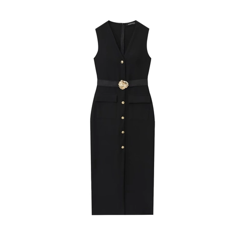 Damen V-Ausschnitt Ärmellos Midi Kleid Elegant Einfarbig Schlanke Passform Knöpfe Vorne Gegürtelt Für Büro Party Abendkleid