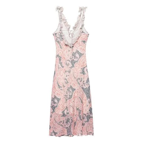 Damen Boho Paisley Print Maxi Kleid Rüschen V-Ausschnitt Rückenbindung Ärmellos Urlaub Lange Kleider Elegant Sommer Strandmode