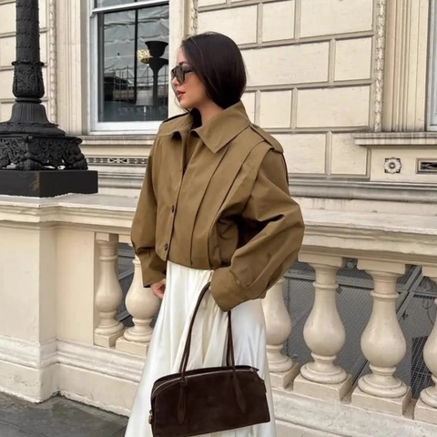 Dames Vintage Geplooid Kort Jasje Oversized Reversknoop Windjack Outwear Met Schouderstukken Losse Casual Mode Herfstjas