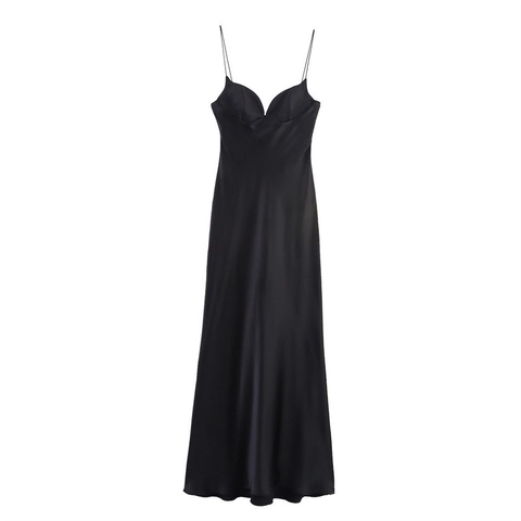 Vestito Lungo Maxi da Donna Elegante in Raso con Scollo a V e Spalline Sottili a Linea A Senza Maniche Tinta Unita Festa Sera