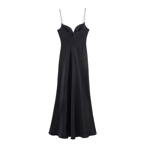 Vestito Lungo Maxi da Donna Elegante in Raso con Scollo a V e Spalline Sottili a Linea A Senza Maniche Tinta Unita Festa Sera