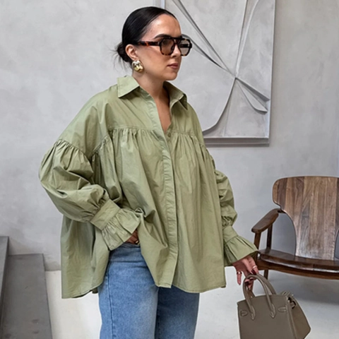 Γυναικεία Κομψή Μακρυμάνικη Oversized Μπλούζα με Πτυχώσεις Πράσινο Φασκόμηλο Ναυτικό Μπλε Μανσέτες με Βολάν Top