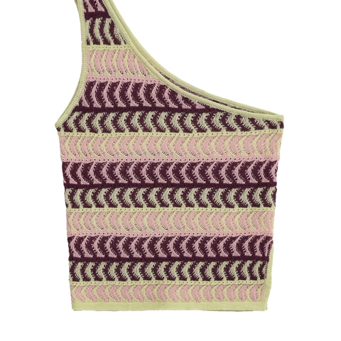 Top Corto de Punto Asimétrico de Un Hombro para Mujer Multicolor Rayas Geométricas de Ondas Sin Mangas Pullover Moda Callejera