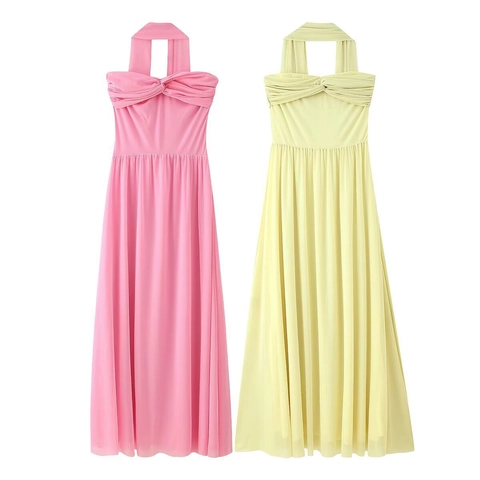 Damen Sexy Netz Halfter Schlauch Oberteil Langes Kleid Elegant Einfarbig Gefaltet A-Linie Resort Abend Maxi Kleid Mit Streamer