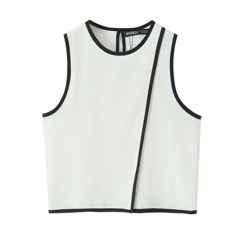 Women Casual Contrast Trim Sleeveless Tank Top Round Neck Keyhole Back Elegant Minimalist Pullover Crepe Fabric Summer Top