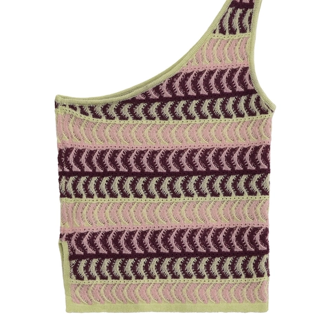 Top Corto de Punto Asimétrico de Un Hombro para Mujer Multicolor Rayas Geométricas de Ondas Sin Mangas Pullover Moda Callejera