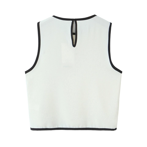 Women Casual Contrast Trim Sleeveless Tank Top Round Neck Keyhole Back Elegant Minimalist Pullover Crepe Fabric Summer Top
