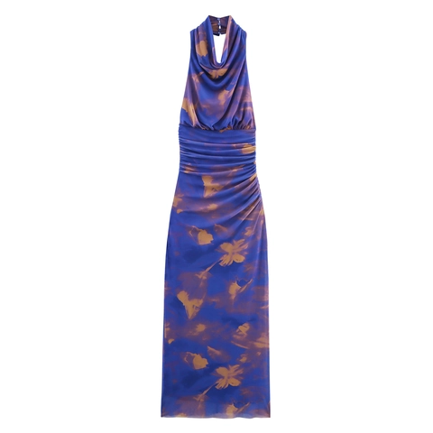 Dames Halternek Gaas Bloemen Jurk Elegant Mouwloos Geplooid Bodycon Lange Jurk Voor Feest Clubwear Vakantie