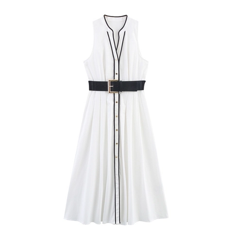 Elegante Mouwloze Midi-jurk Met Contrastbiezen V-hals Popeline A-lijn Jurk Met Riem Voor Dames Kantoor Feest