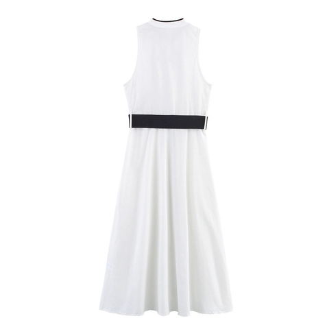 Elegante Mouwloze Midi-jurk Met Contrastbiezen V-hals Popeline A-lijn Jurk Met Riem Voor Dames Kantoor Feest