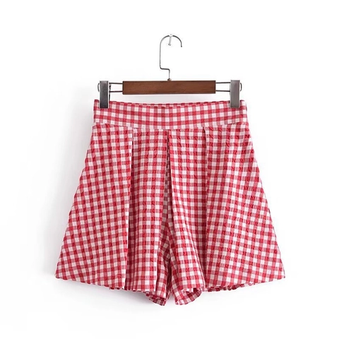 Damen Hohe Taille Gingham Falten Shorts Rot Weiß Kariert Seersucker Weites Bein Lässige Shorts Frühling Sommer Strand Shorts
