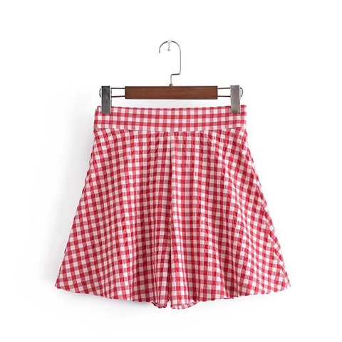 Damen Hohe Taille Gingham Falten Shorts Rot Weiß Kariert Seersucker Weites Bein Lässige Shorts Frühling Sommer Strand Shorts