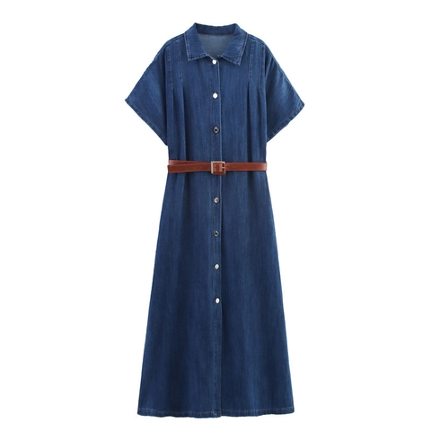 Abito Maxi in Denim Elegante da Donna Con Cintura Manica Corta Rever Abbtonato Linea A Casual Vestito Jean Lungo Stile Retrò