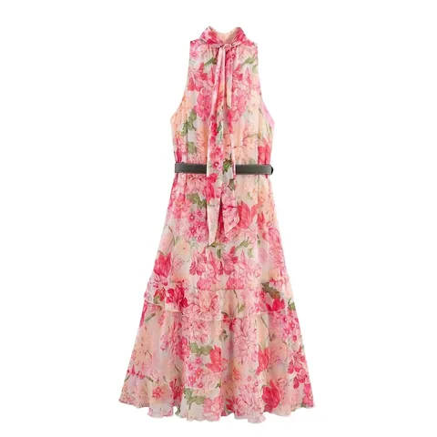 Vestito Lungo Donna Estivo Scollo Americana Senza Maniche Stampa Floreale Vita Alta Gonna a Balze Con Cintura Vacanza Casual