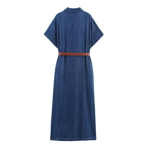 Abito Maxi in Denim Elegante da Donna Con Cintura Manica Corta Rever Abbtonato Linea A Casual Vestito Jean Lungo Stile Retrò