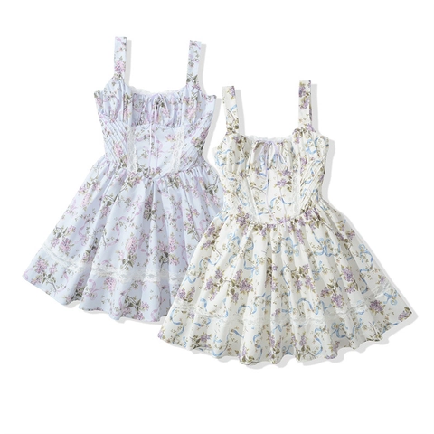 Women Sweet Cottagecore Floral Cami Dress Lace Patchwork Ruched Chest Bow Detail French Vintage Sleeveless Midi Dress