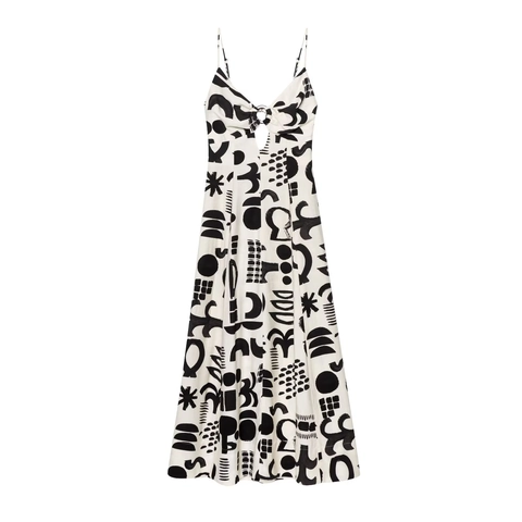 Women Sexy Hollow Out V Neck Cami Dress Abstract Geometric Print Metal Ring Detail Sleeveless A Line Midi Dress Streetwear