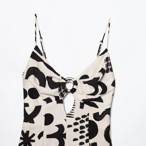 Women Sexy Hollow Out V Neck Cami Dress Abstract Geometric Print Metal Ring Detail Sleeveless A Line Midi Dress Streetwear