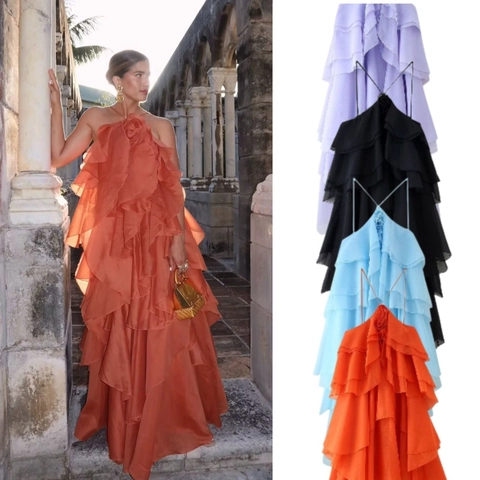 Dames Halternek Jurk met Open Rug Gelaagde Rok met 3D Bloem Decoratie Zomer Vakantie Feest Sexy Maxi Jurk