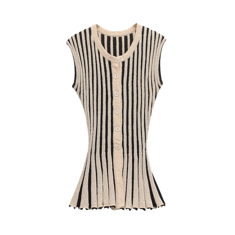 Women's Knit Stripe Sleeveless Round Neck Button Up Vest And High Waist Flare Pants Set Casual Two Piece Knitted Outfit