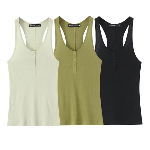 Damen Trägershirt Aus Baumwollmischung Mit Henley-Ausschnitt Knopfleiste Racerback Slim Fit Rippenstrick Camisole Top