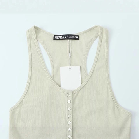 Damen Trägershirt Aus Baumwollmischung Mit Henley-Ausschnitt Knopfleiste Racerback Slim Fit Rippenstrick Camisole Top