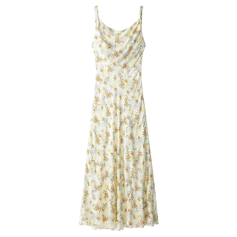 Elegant Floral Print Satin Cami Midi Dress For Women Cowl Neck Sleeveless Adjustable Strap Summer Vacation A-Line Dress