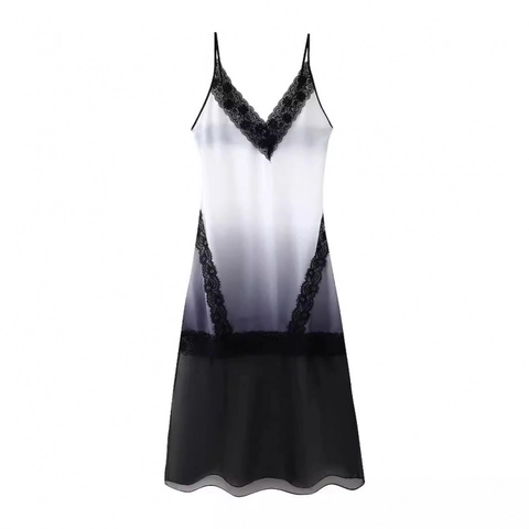 Women's Lace Patchwork Gradient Slip Maxi Dress V-Neck Black White Gray Satin Spaghetti Strap Sleeveless Party Long Dress